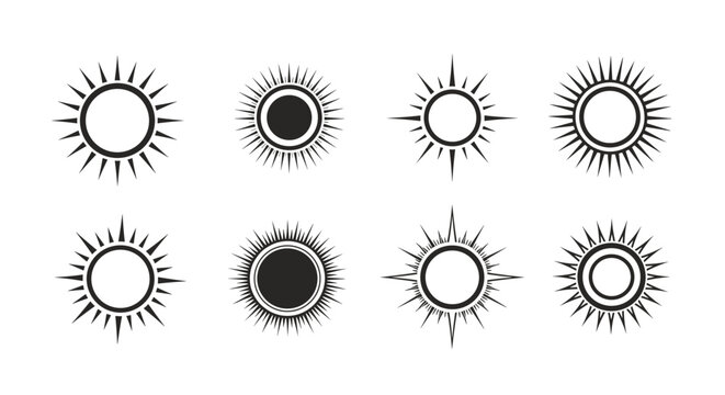 Collection of eight sun icons in black ink style with different artistic ray designs for decorative or mystical use.