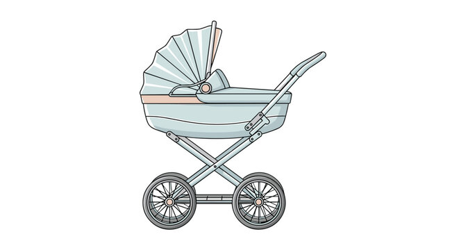 Elegant illustration of a classic baby pram in soft blue and cream colors, featuring a large hood and spoke wheels.