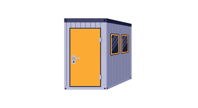 Modern gray metal shipping container converted into a small office or living space with an orange door and two small windows.