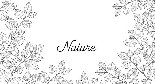 Botanical nature border with black and white sketches of leafy branches surrounding the central word nature.