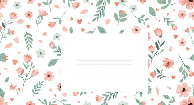 Pretty floral card template with a seamless pattern of pink flowers and a white rectangle for writing messages.