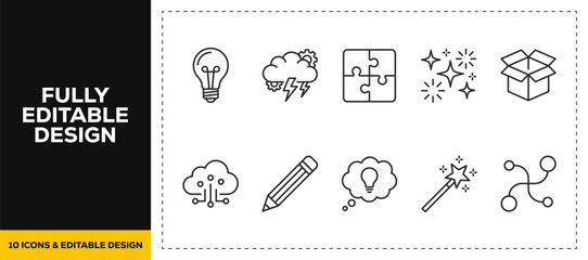 flat vector illustration line art icon bundle set design illustrating creativity ideas puzzle solving cloud brain magic wand thought process innovation for modern business ui apps © HASNA
