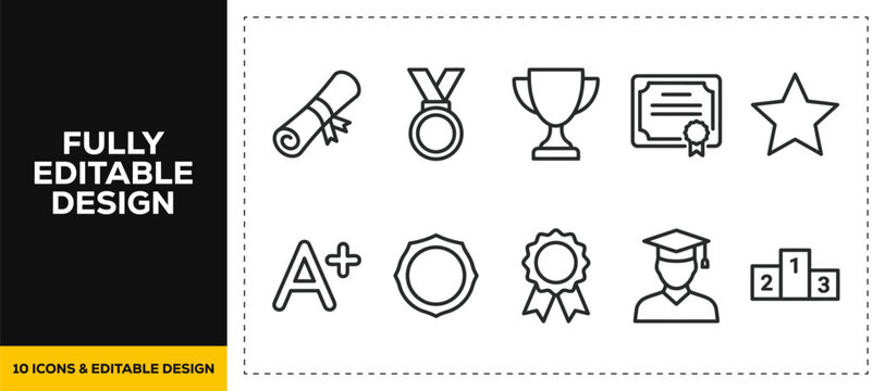 flat vector illustration line art icon bundle set design covering awards degree medal cup star certificate rank achievement winner competition success honor for academic sport ui