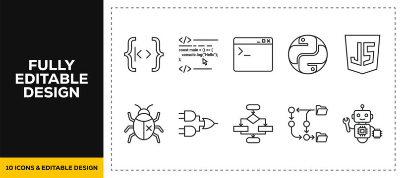 flat vector illustration line art icon bundle set design showcasing programming brackets bug code nodes algorithm web development software engineering syntax for it infrastructure