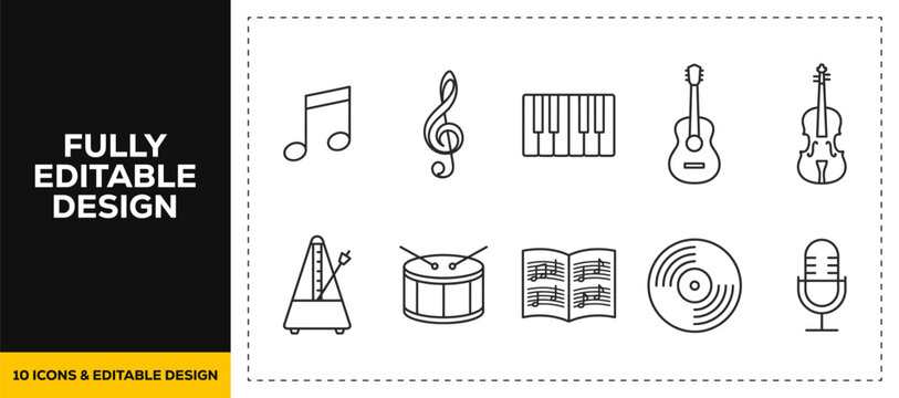 flat vector illustration line art icon bundle set design featuring music instruments audio melody piano guitar violin drum metronome notes for digital graphic web app ui projects