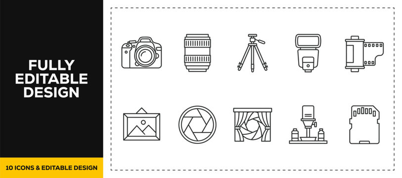 flat vector illustration line art icon bundle set design focusing on photography camera lens tripod photo flash studio equipment picture capturing for digital media web graphic ui
