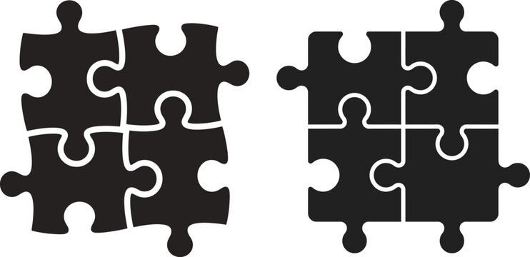 Two black four piece jigsaw puzzles isolated on white connection and problem solving concept