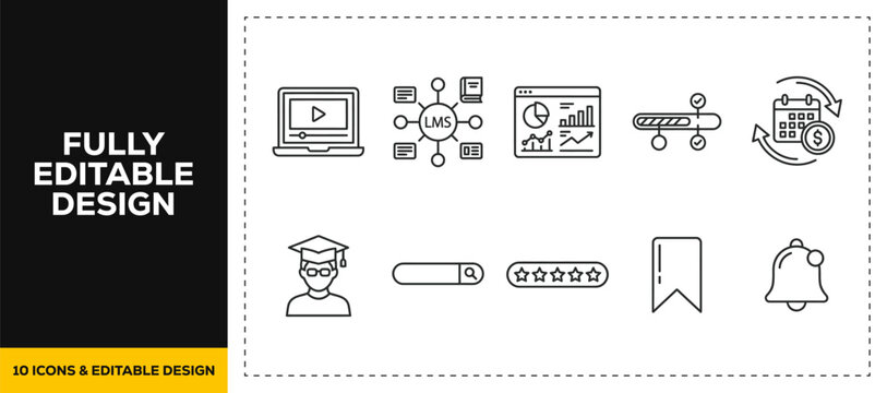flat vector illustration line art icon bundle set design featuring online learning webinar certificate degree graduation distance education technology for student virtual class ui