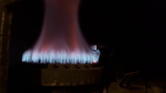 Detailed macro shot of clean blue natural gas combustion flames on a burner stove
