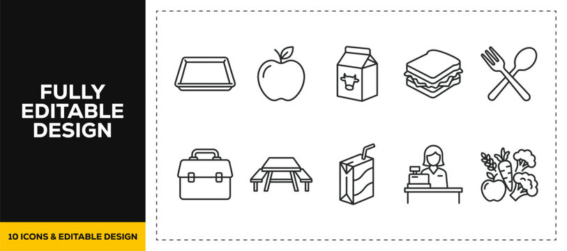 flat vector illustration line art icon bundle set design depicting lunch break food sandwich apple briefcase dining work life balance meal nutrition for corporate lifestyle ui app