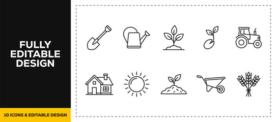 flat vector illustration line art icon bundle set design covering farming agriculture shovel sprout tractor house sun ecology nature harvest cultivation for organic food ui project © HASNA