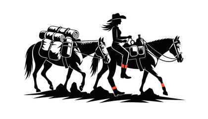 Fototapeta premium Cowgirl Leading Pack Horse Through Wilderness Silhouette