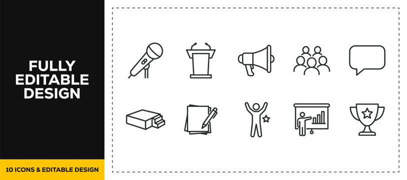 flat vector illustration line art icon bundle set design depicting public speaking microphone podium audience presentation seminar conference speaker leadership for event ui design
