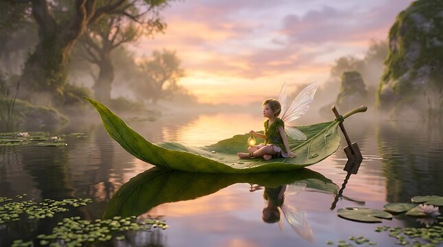 Fairy sits on giant leaf boat sailing through serene water at sunset