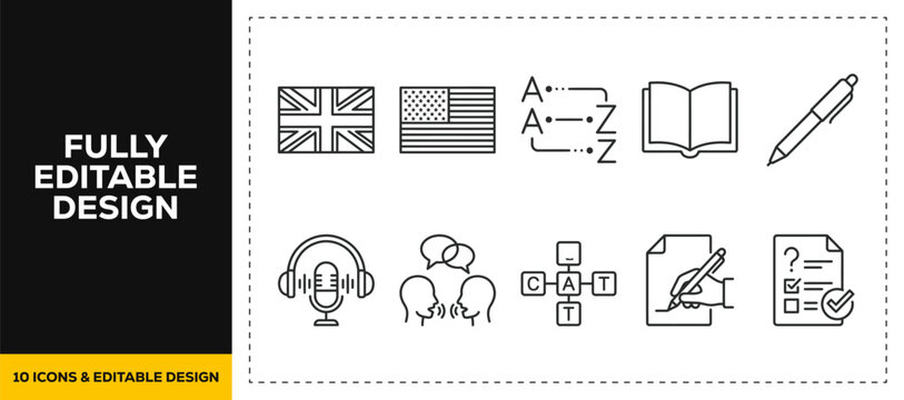 flat vector illustration line art icon bundle set design showcasing language learning flags globe translation chat book communication international culture for education app ui art