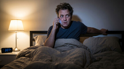 Fototapeta premium Anxious man awake in bed receiving phone call