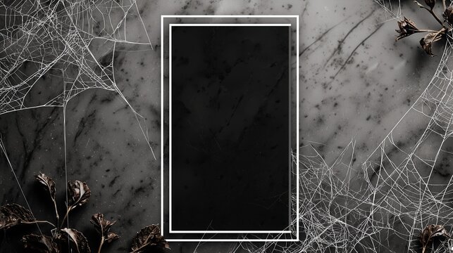 Dark marble background with cobwebs and dried flowers, featuring a blank rectangular frame for text overlay, suitable for Halloween-themed designs and invitations