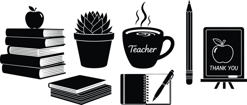 Teacher desk supplies icon set with books and coffee cup black silhouette