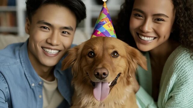 Smiling couple with golden dog wearing party hat for birthday portrait and festive social media background