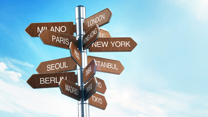 Fototapeta premium Travel destinations signpost with city names. 3D illustration
