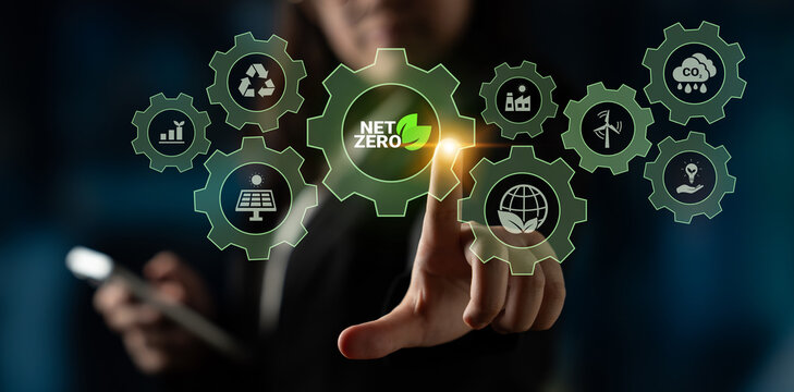 Interconnected green gears with icons representing renewable energy, carbon reduction, recycling, and eco innovation working toward a net zero goal Parse
