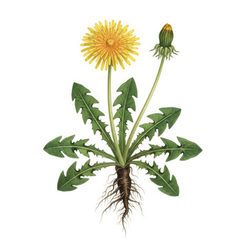 Detailed botanical watercolor of a complete Common Dandelion (*Taraxacum officinale*), vibrant yellow flower, green leaves, exposed taproot, isolated on transparent background, concept of scientific