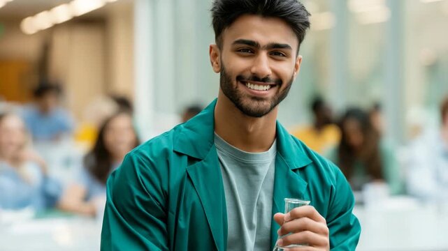 Smiling male student in green lab coat holding flask in science lab for education portrait and stem learning banner