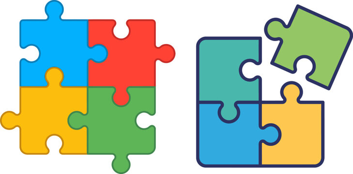 Colorful jigsaw puzzle pieces illustration with complete and incomplete sets vector graphic