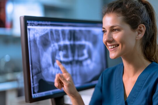 Veterinary technician explaining dental X-ray on computer screen