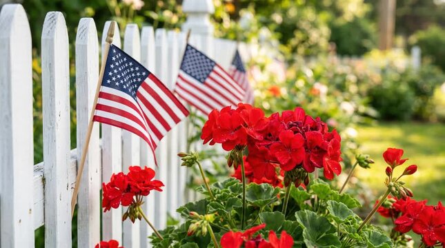 Bright red geraniums and small American flags decorating a white picket fence in sunny summer outdoor garden, patriotic celebration, holiday decoration, backyard living, Memorial Day.