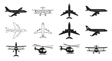 A collection of diverse aircraft silhouettes, including airplanes and helicopters, viewed from various angles. © Sofia