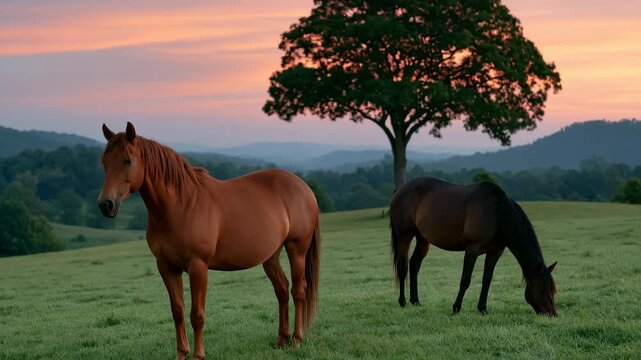 Two horses grazing in a dewy green field with lone tree at sunrise for pastoral background and countryside poster design