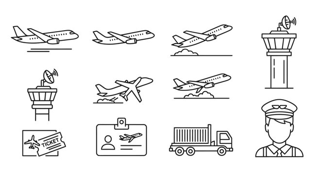 Collection of Line Icons Representing Aviation and Airport Operations, Including Airplanes, Control Towers, and Personnel.