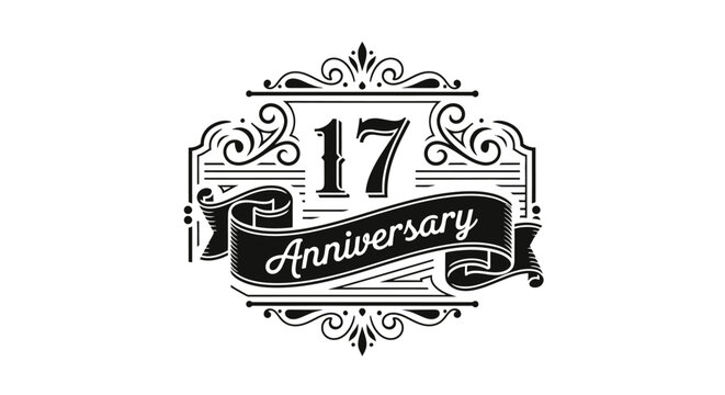 Elegant vintage emblem celebrating a 17th anniversary with ornate scrollwork and a banner.