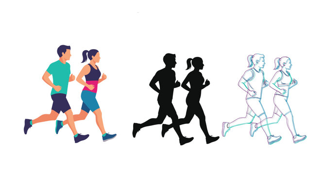 Illustration of a male and female couple running together in different artistic styles including color and silhouette.