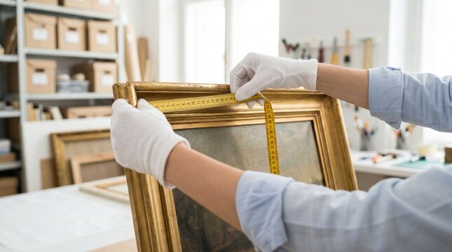Appraiser wearing white gloves using yellow measuring tape on antique painting in gold frame