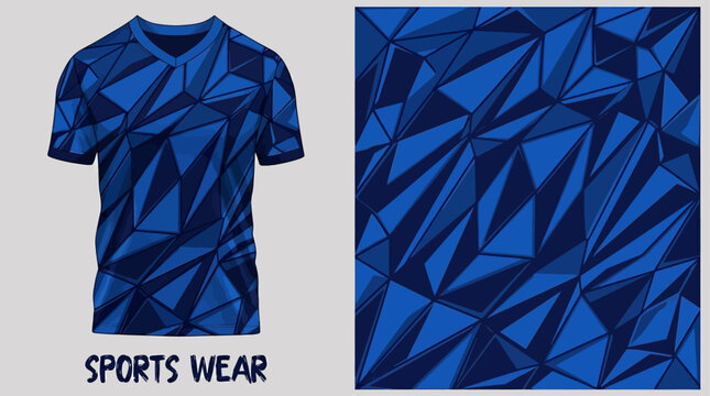 Dynamic vector abstract blue geometric polygon pattern ideal for modern sports apparel design, creating a vibrant athletic t-shirt fabric graphic