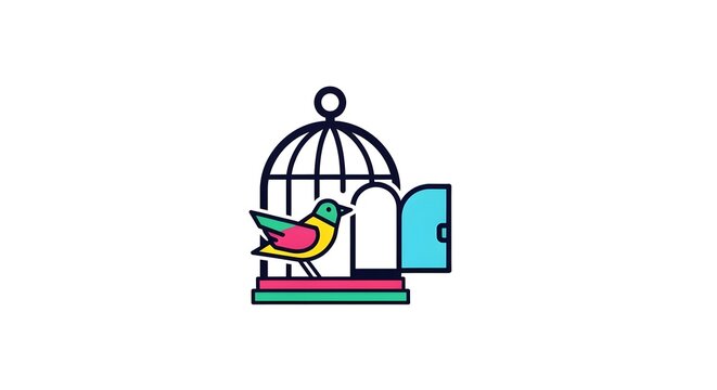 Colorful bird flying out of an open cage in minimalist vector design