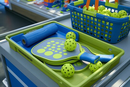 Pickleball paddles and balls with grip wrap roll at rental counter