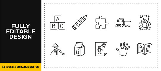 flat vector illustration line art icon bundle set design of kindergarten toys alphabet blocks puzzle train teddy bear slide baby drawing handprint for education ui © HASNA