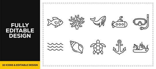 flat vector illustration line art icon bundle set design featuring marine life ocean underwater world fish coral whale submarine diving mask waves shell turtle anchor ui © HASNA
