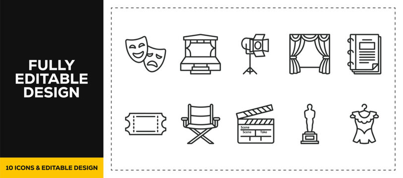 flat vector illustration line art icon bundle set design featuring theater drama masks stage lighting curtains script ticket director chair clapperboard for ui art