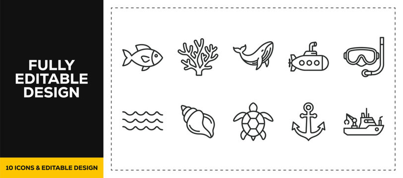 flat vector illustration line art icon bundle set design featuring marine life ocean underwater world fish coral whale submarine diving mask waves shell turtle anchor ui