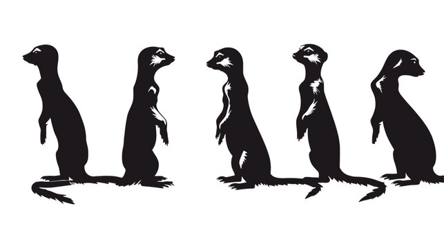 Meerkat silhouette vector set, black suricate animal icons in standing poses, group of five wild african mongooses on white background