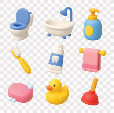 Bathroom Supplies Vector Icon Set | 3D icon set | toilet, bathtub, soap dispenser bottle, toothpaste, towel, bar of soap, rubber duck, toilet plunger