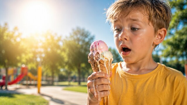 Child watching melting ice cream cone on a hot summer day in a park. Heatwave, high temperatures, summer weather, childhood, frozen dessert and climate impact concept