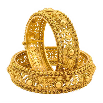 Two ornate gold bangles with intricate floral patterns