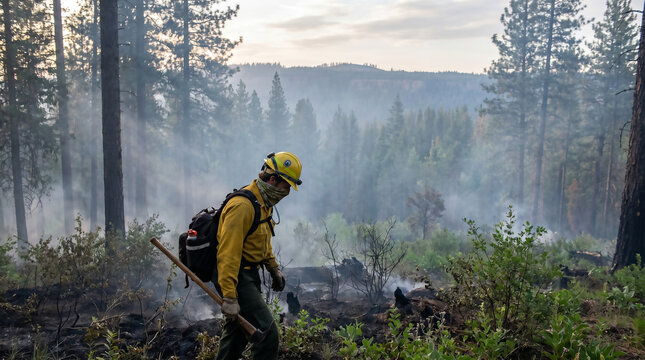 National Wildland Firefighter Day A dedicated firefighter walks through a smoky, burned forest, showcasing vital wildfire suppression efforts and commitment to environmental safety