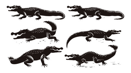 Fototapeta premium Vintage crocodile silhouette set, 6 black alligator vector icons, retro woodcut style reptile illustrations for wildlife branding and logo design
