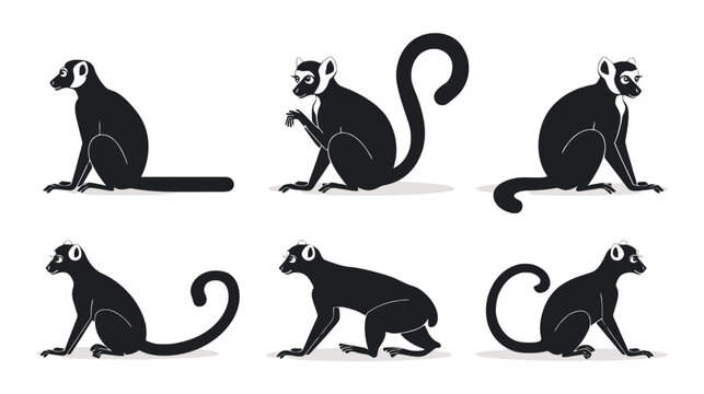 Black lemur silhouette collection, set of 6 primate vector icons, minimalist exotic animal shapes for logo design and wildlife branding